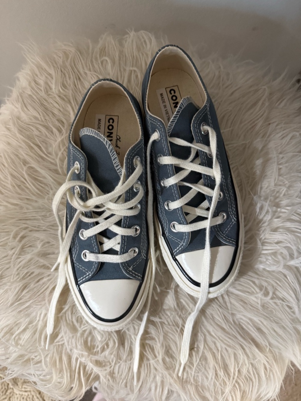 Converse Low Top Sneakers — Blue & White with Red Logo